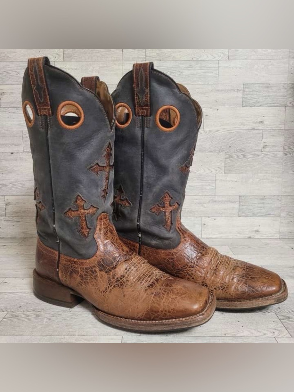 Men's Ariat Tombstone Brown Black Leather Square Toe Cowboy Boots Size 10 D